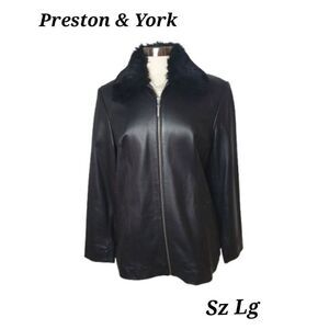 Preston & York Women's Black Genuine Lambskin Jacket Lg With Faux Fur Collar